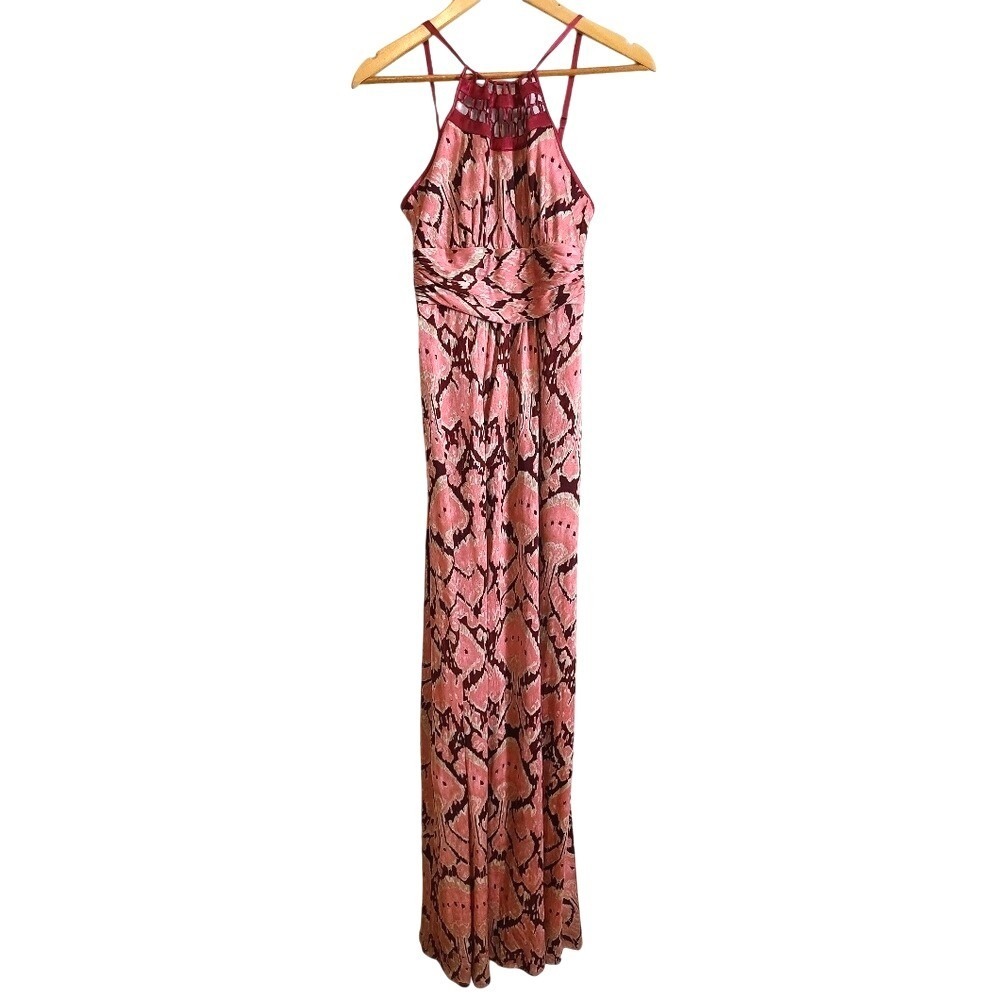 Marciano Pink Stretch Silk High Neck Summer Formal Column Maxi Dress Small‎